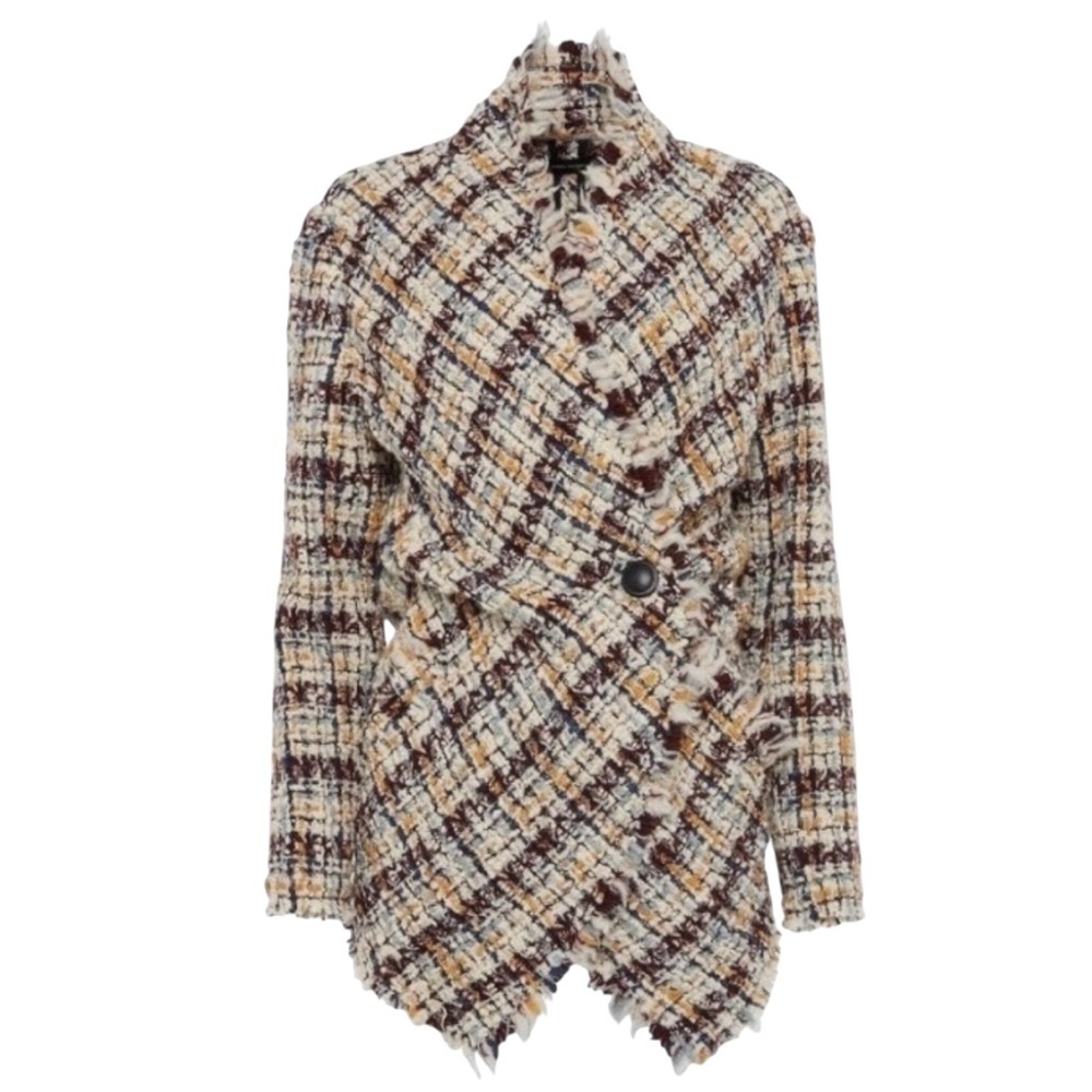 Isabel Marant Wool Tweed Asymmetric One-Button Fringe Trim Wrap Blazer Jacket